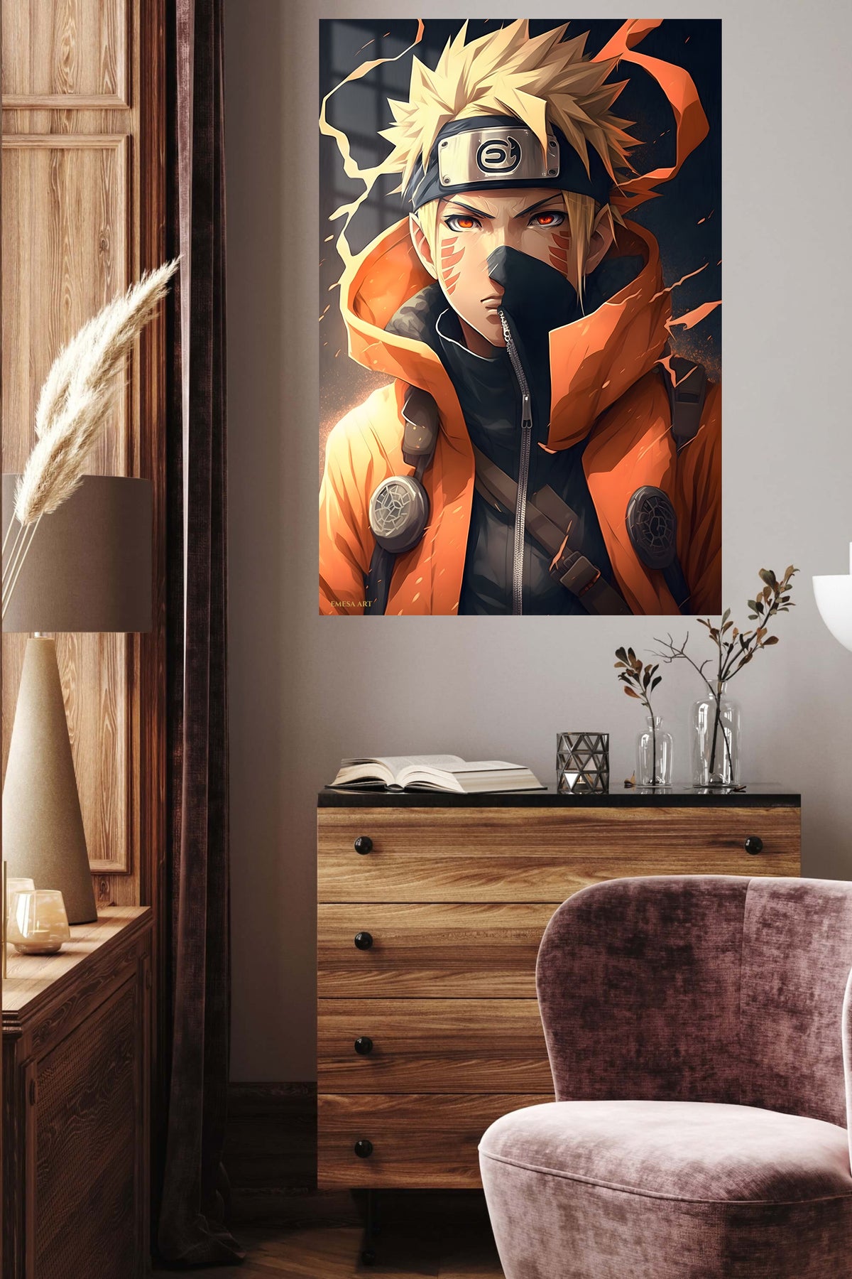 Ember-Eyed Ninja Warrior metal wall art displayed in a contemporary living space
