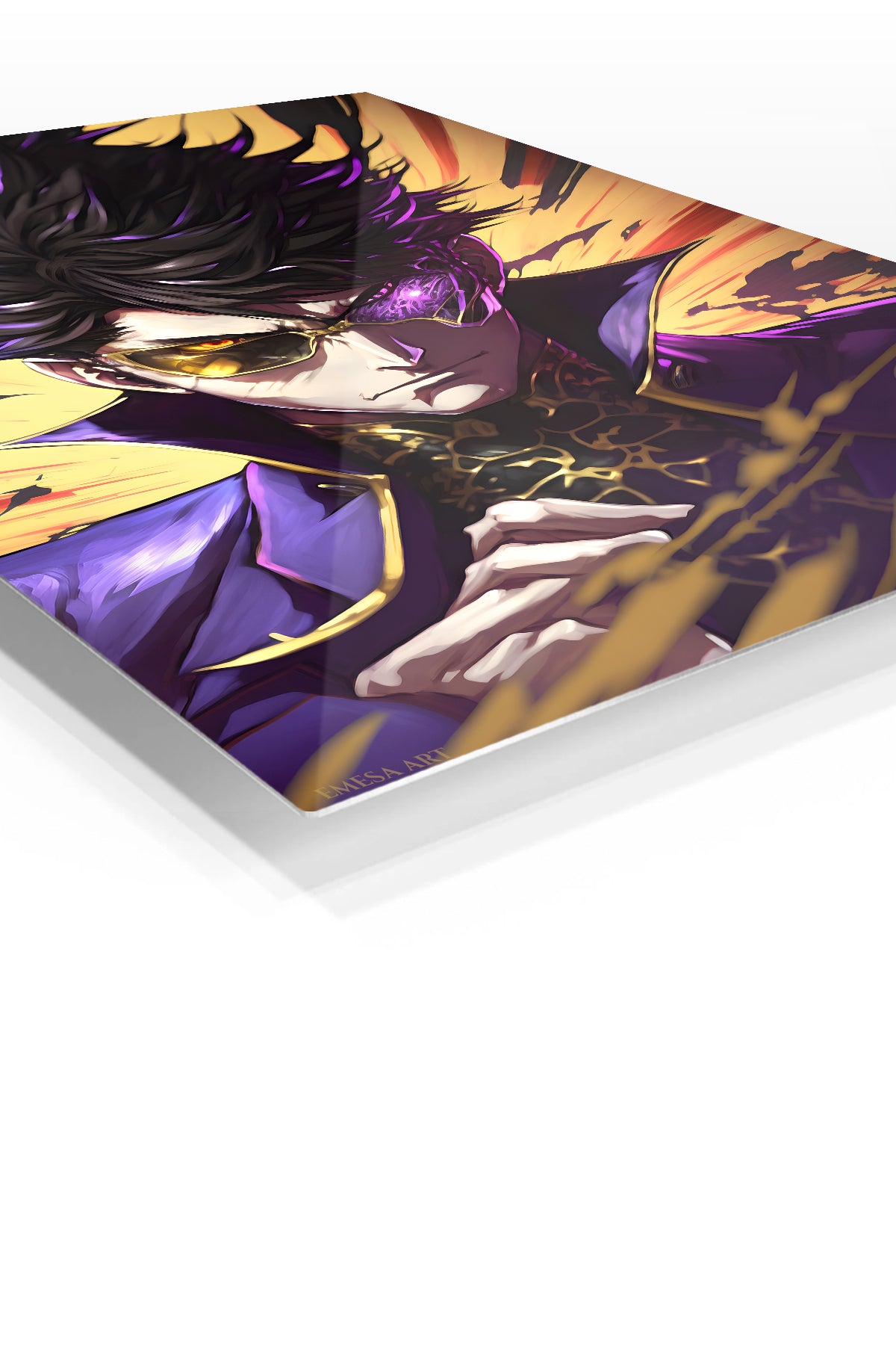 Violet-Eyed Shadow Warrior premium metal wall art Ã¢â‚¬â€œ angled view