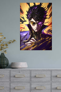 Violet-Eyed Shadow Warrior metal wall art displayed in a modern interior