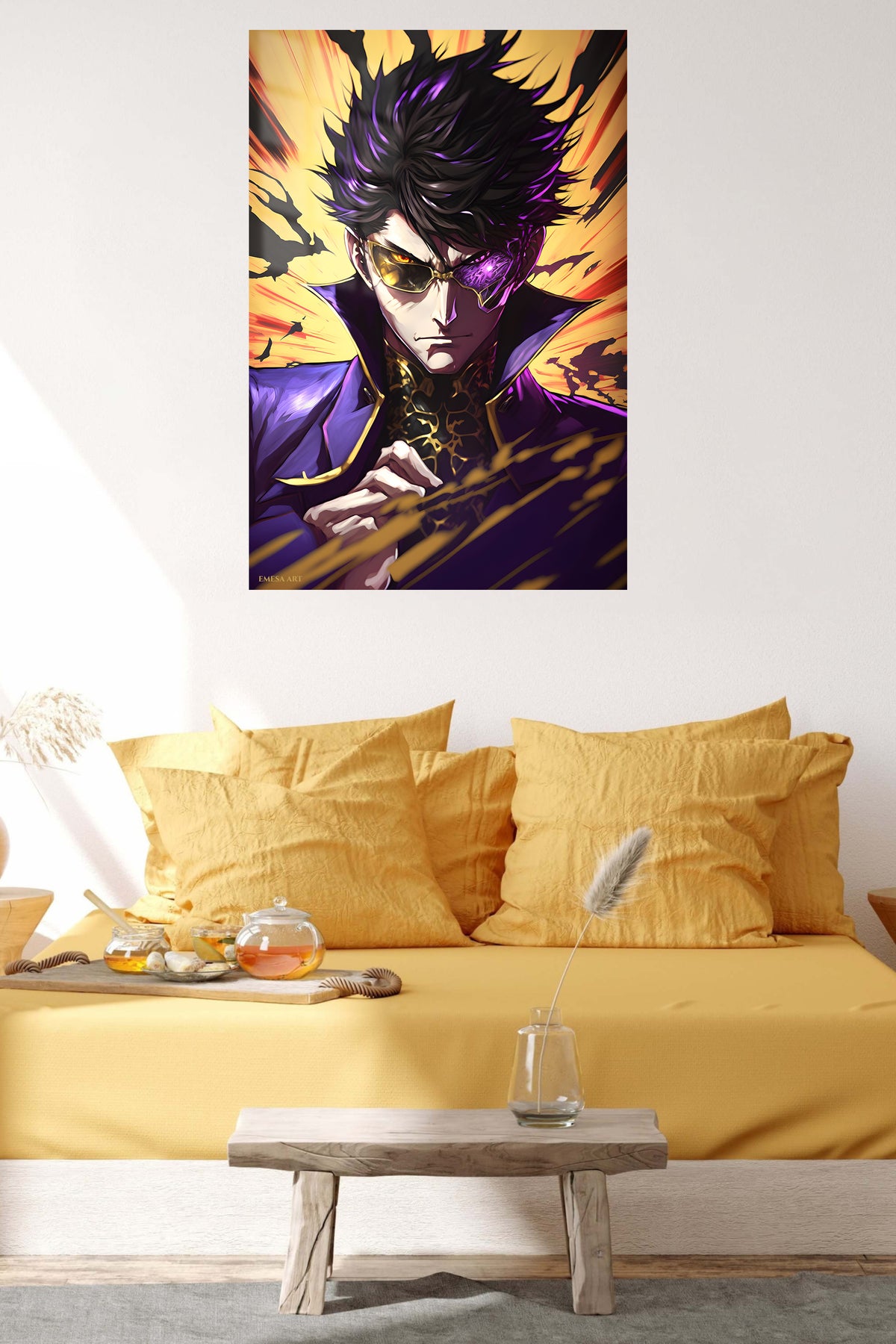 Violet-Eyed Shadow Warrior metal wall art displayed in a contemporary living space