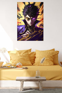 Violet-Eyed Shadow Warrior metal wall art displayed in a contemporary living space