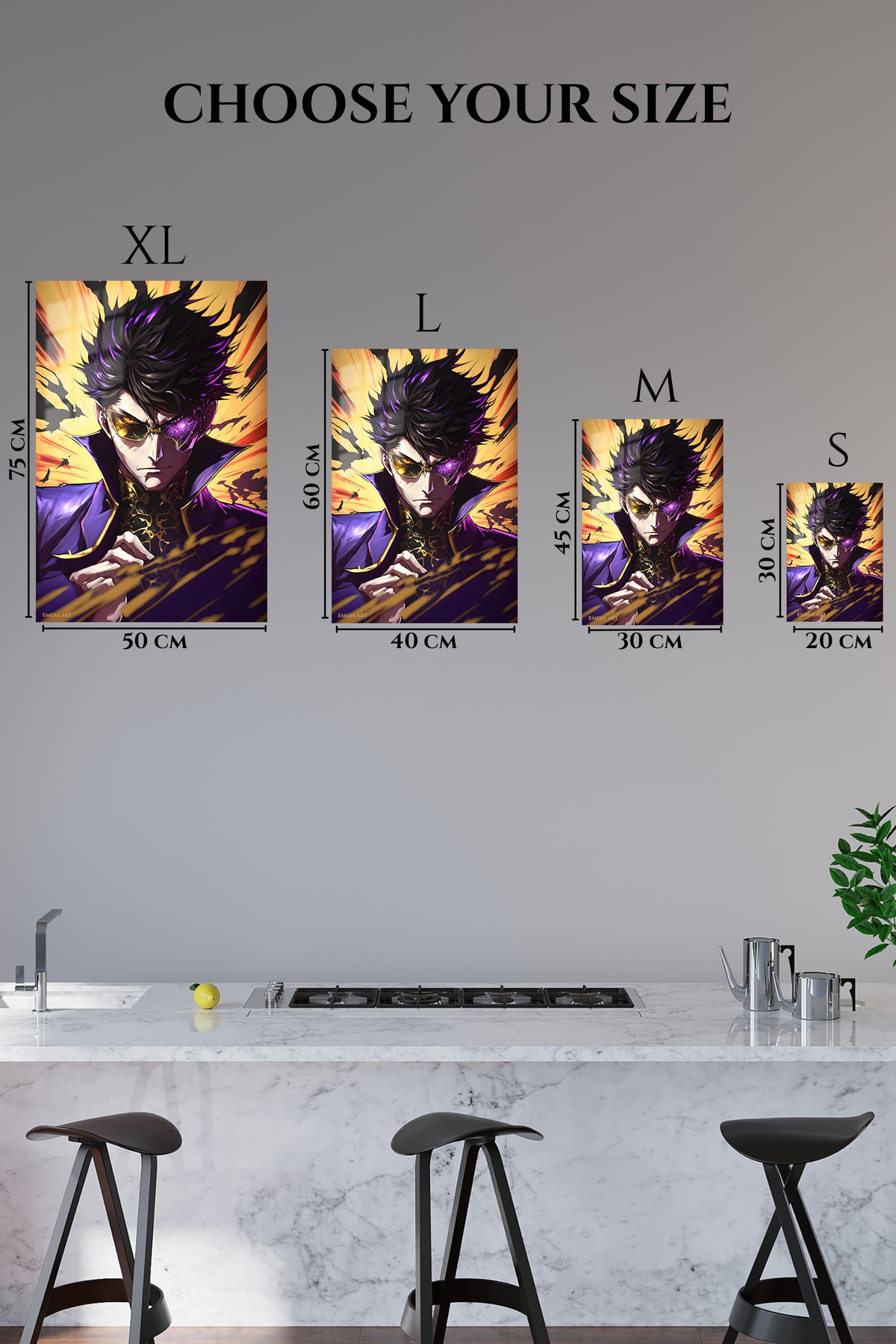 EMESA metal wall art size comparison guide for Violet-Eyed Shadow Warrior