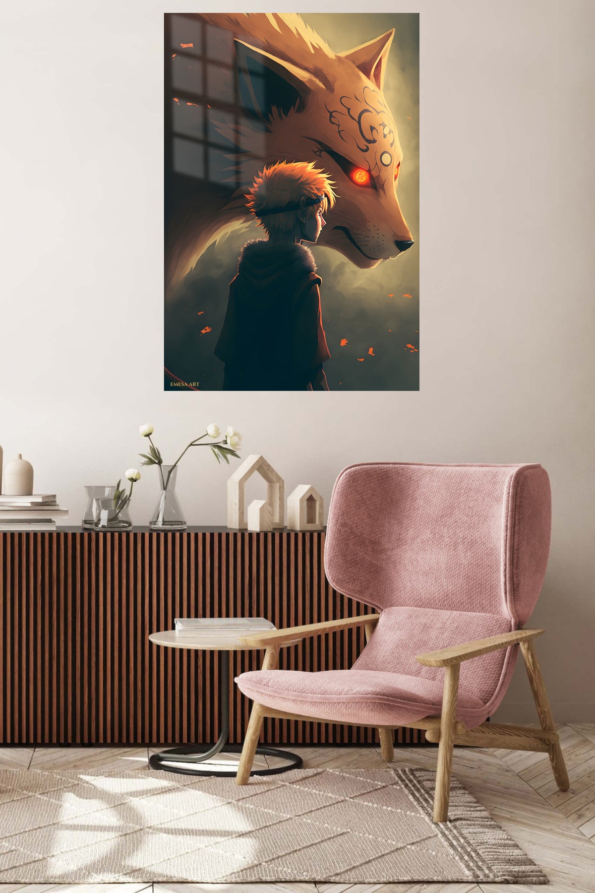 Fox Spirit Guardian metal wall art displayed in a contemporary living space