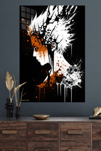 White-Haired Warrior Ink Burst metal wall art displayed in a modern interior