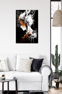 White-Haired Warrior Ink Burst metal wall art displayed in a contemporary living space