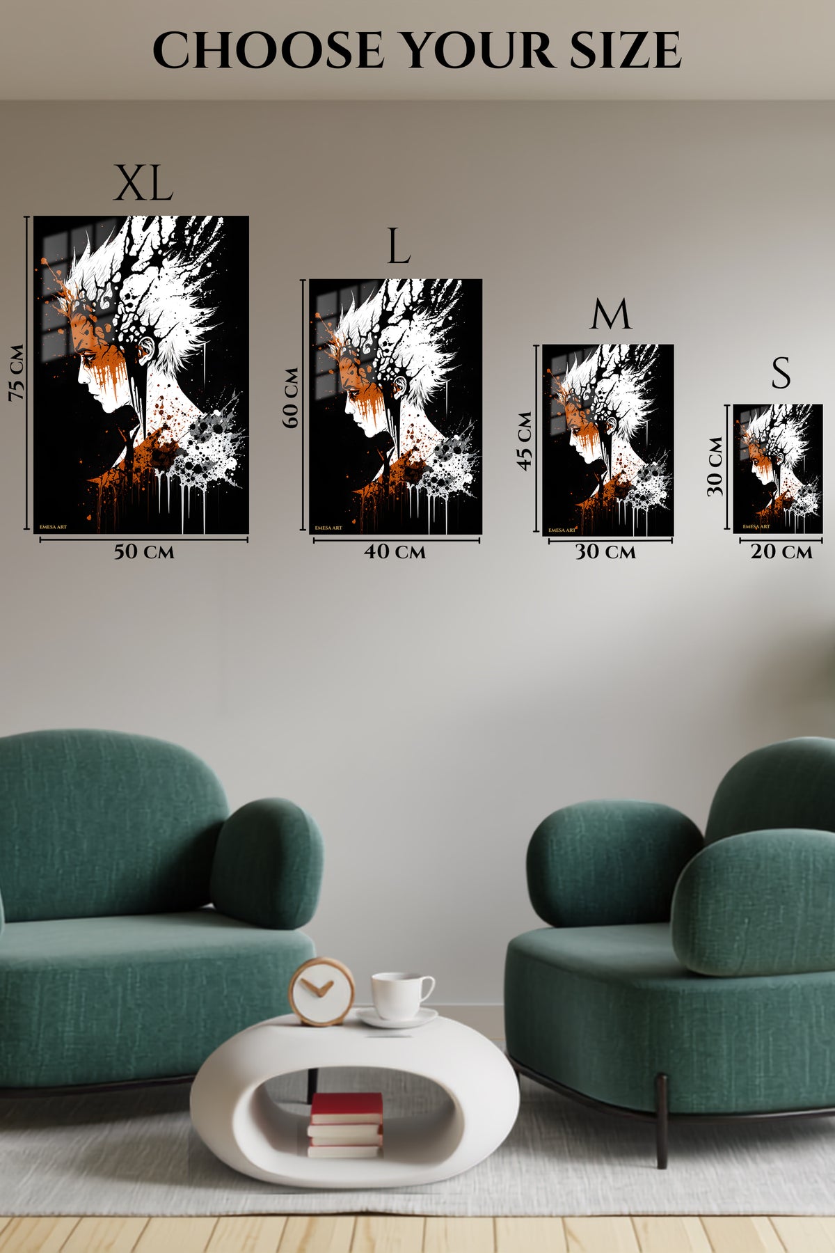 EMESA metal wall art size comparison guide for White-Haired Warrior Ink Burst
