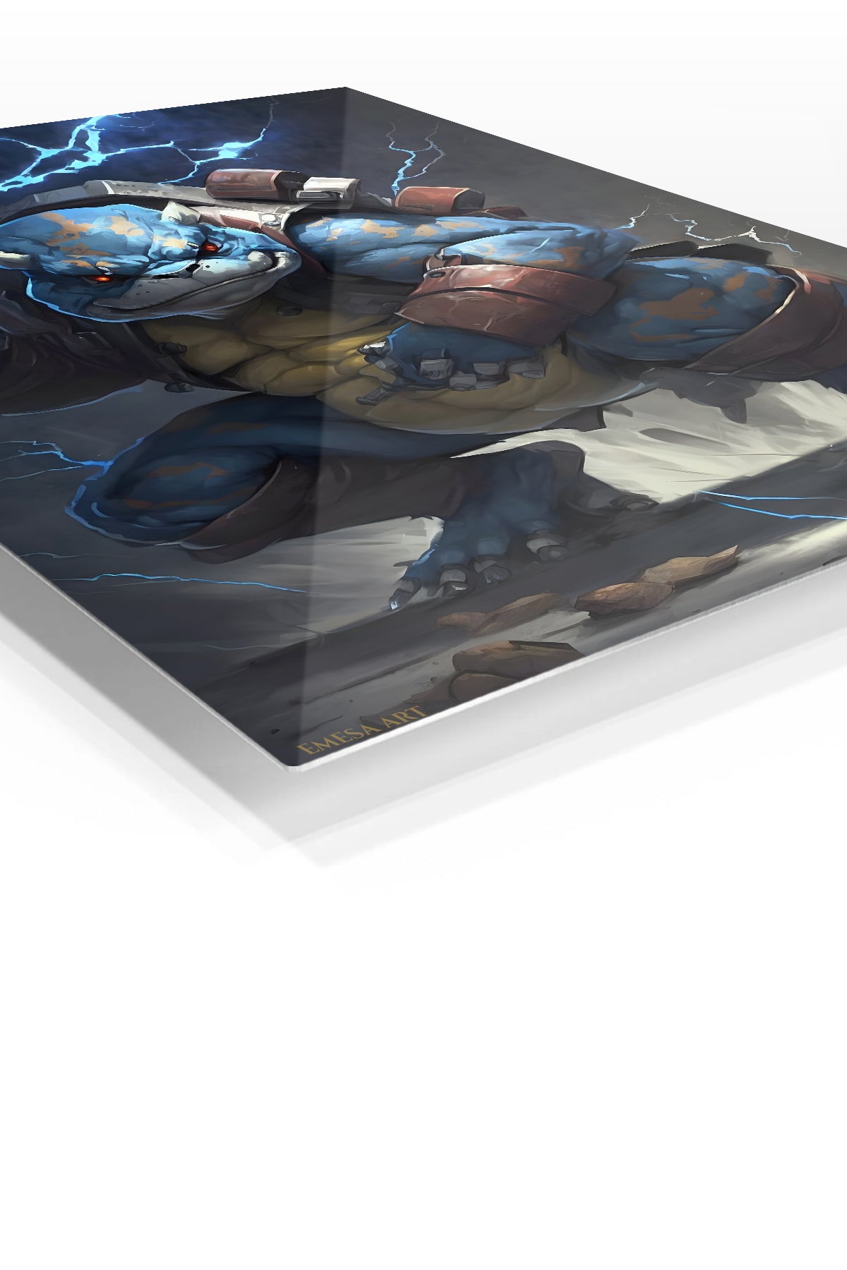 Stormbound Blue Armored Beast premium metal wall art Ã¢â‚¬â€œ angled view