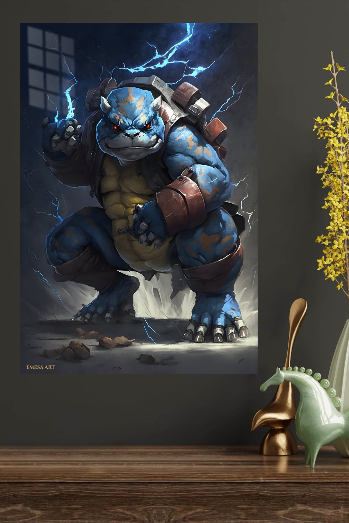 Stormbound Blue Armored Beast metal wall art displayed in a modern interior