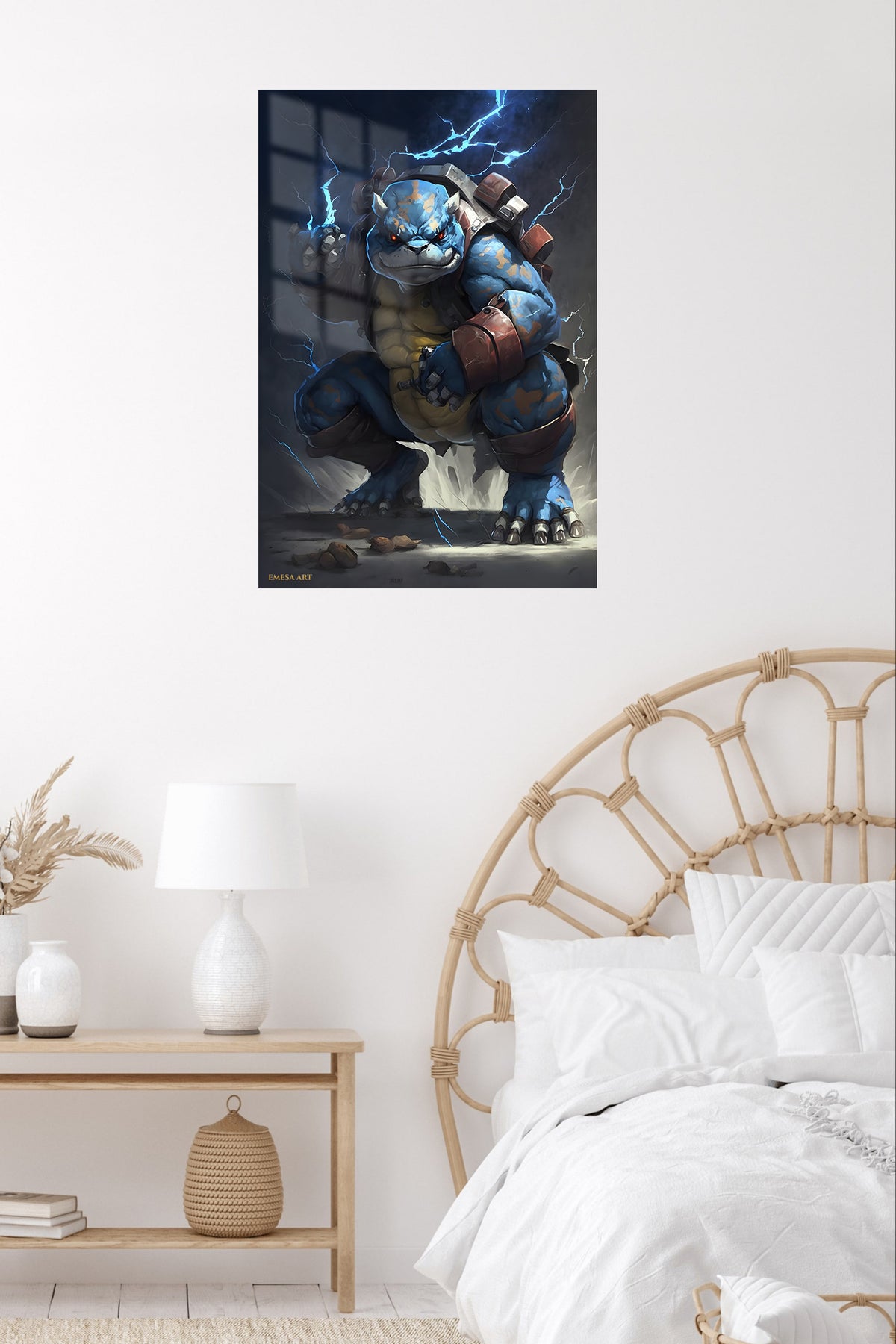 Stormbound Blue Armored Beast metal wall art displayed in a contemporary living space