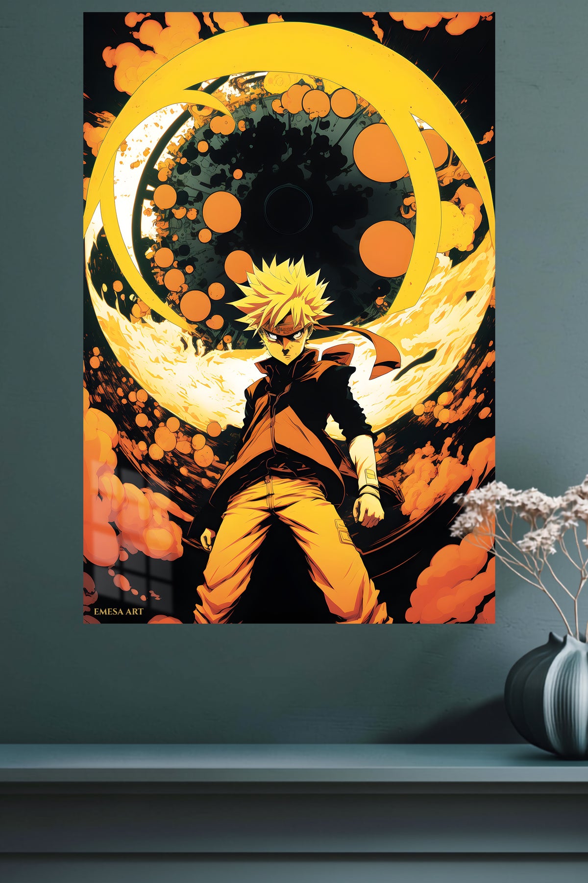 Golden Vortex Warrior metal wall art displayed in a modern interior