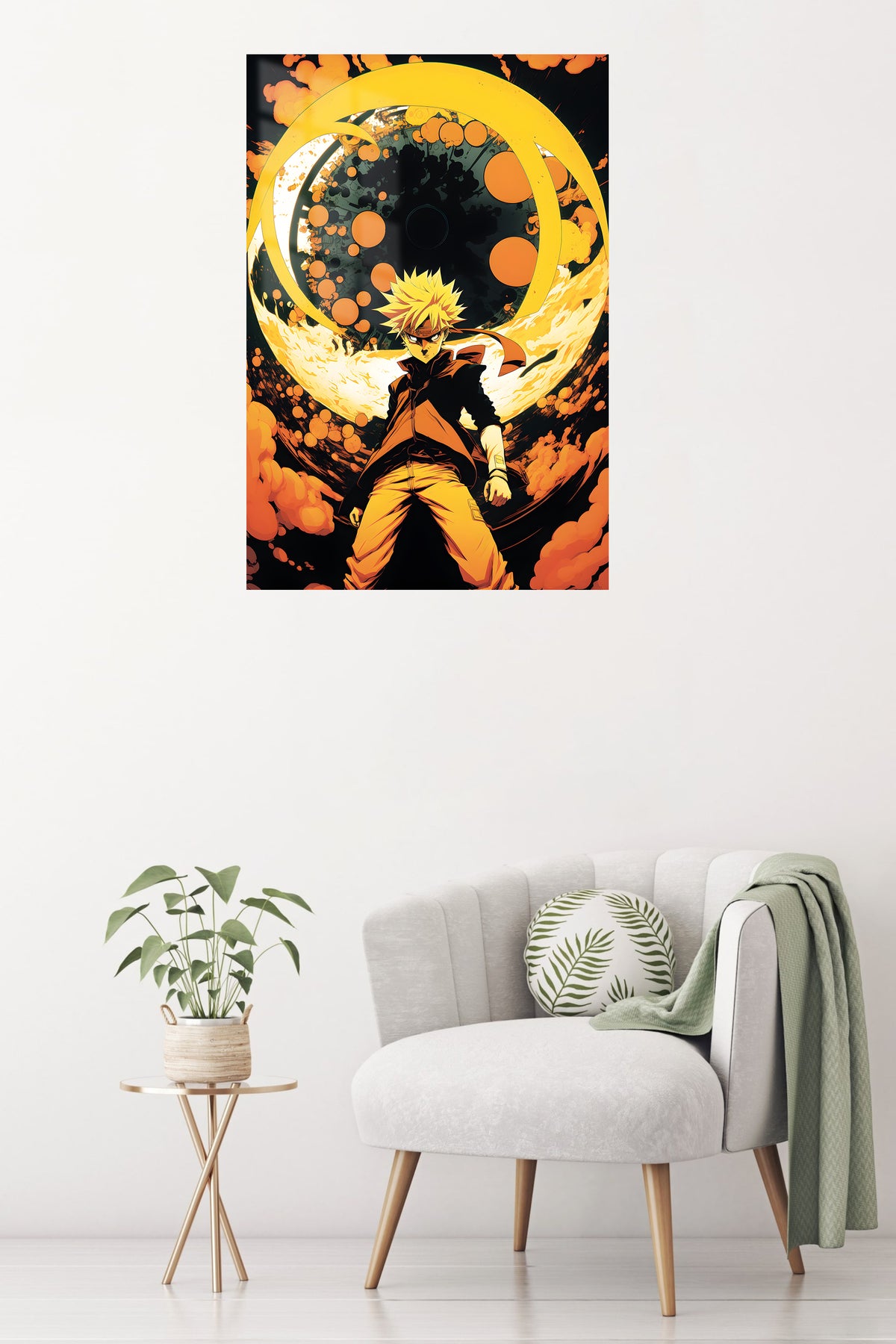 Golden Vortex Warrior metal wall art displayed in a contemporary living space