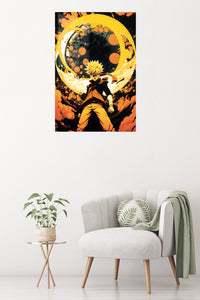 Golden Vortex Warrior metal wall art displayed in a contemporary living space