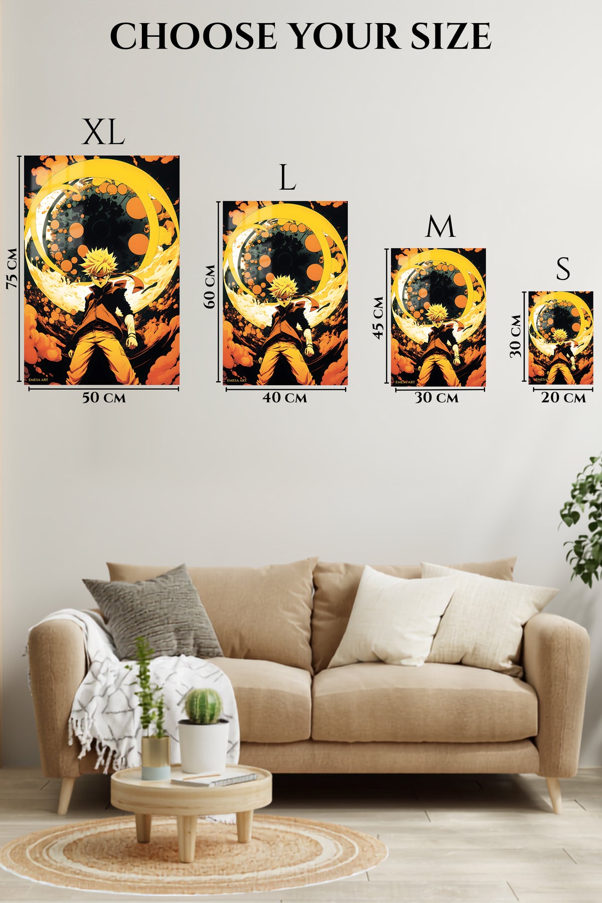 EMESA metal wall art size comparison guide for Golden Vortex Warrior