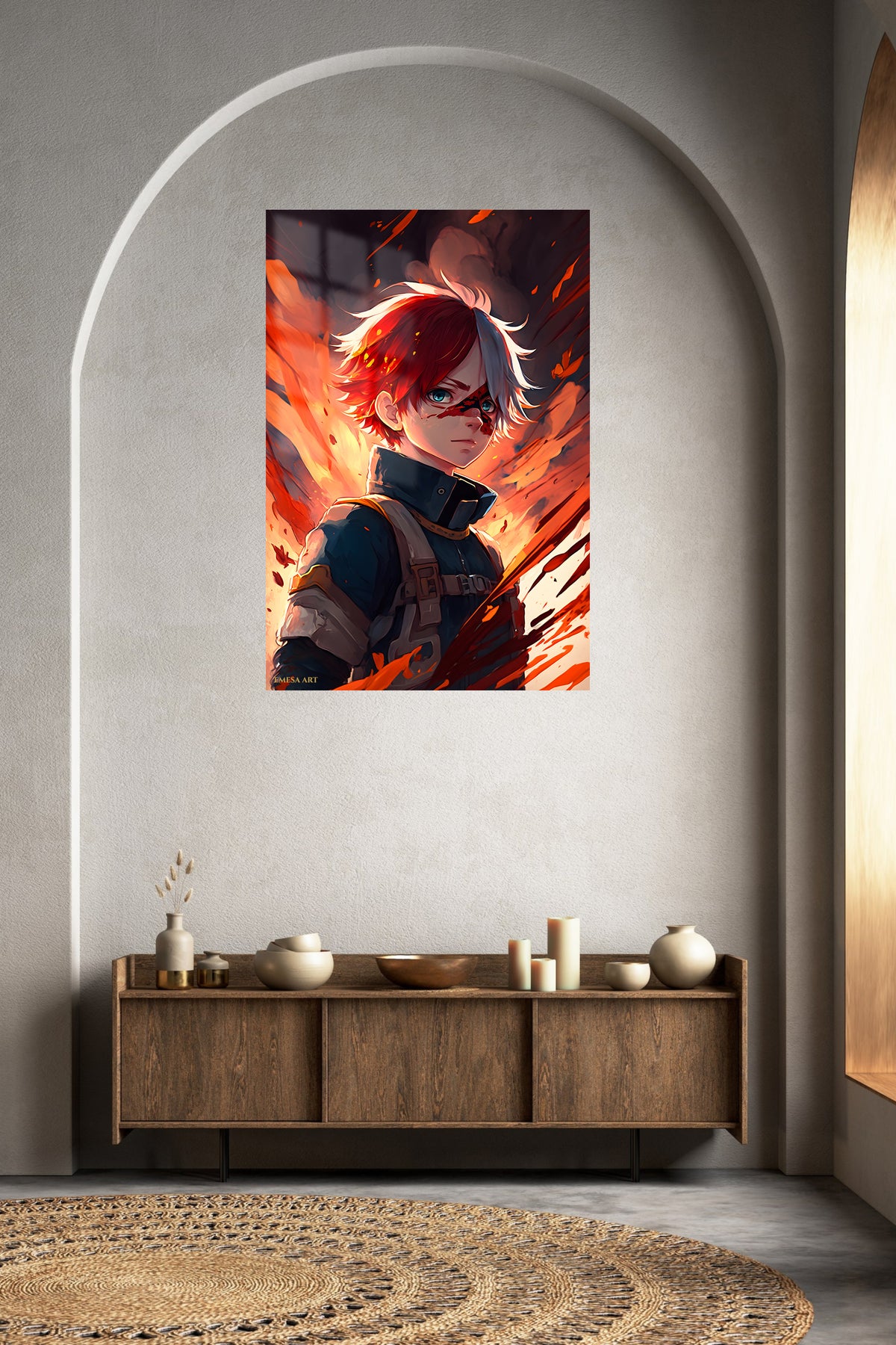 Flamebound Dual-Haired Warrior metal wall art displayed in a contemporary living space