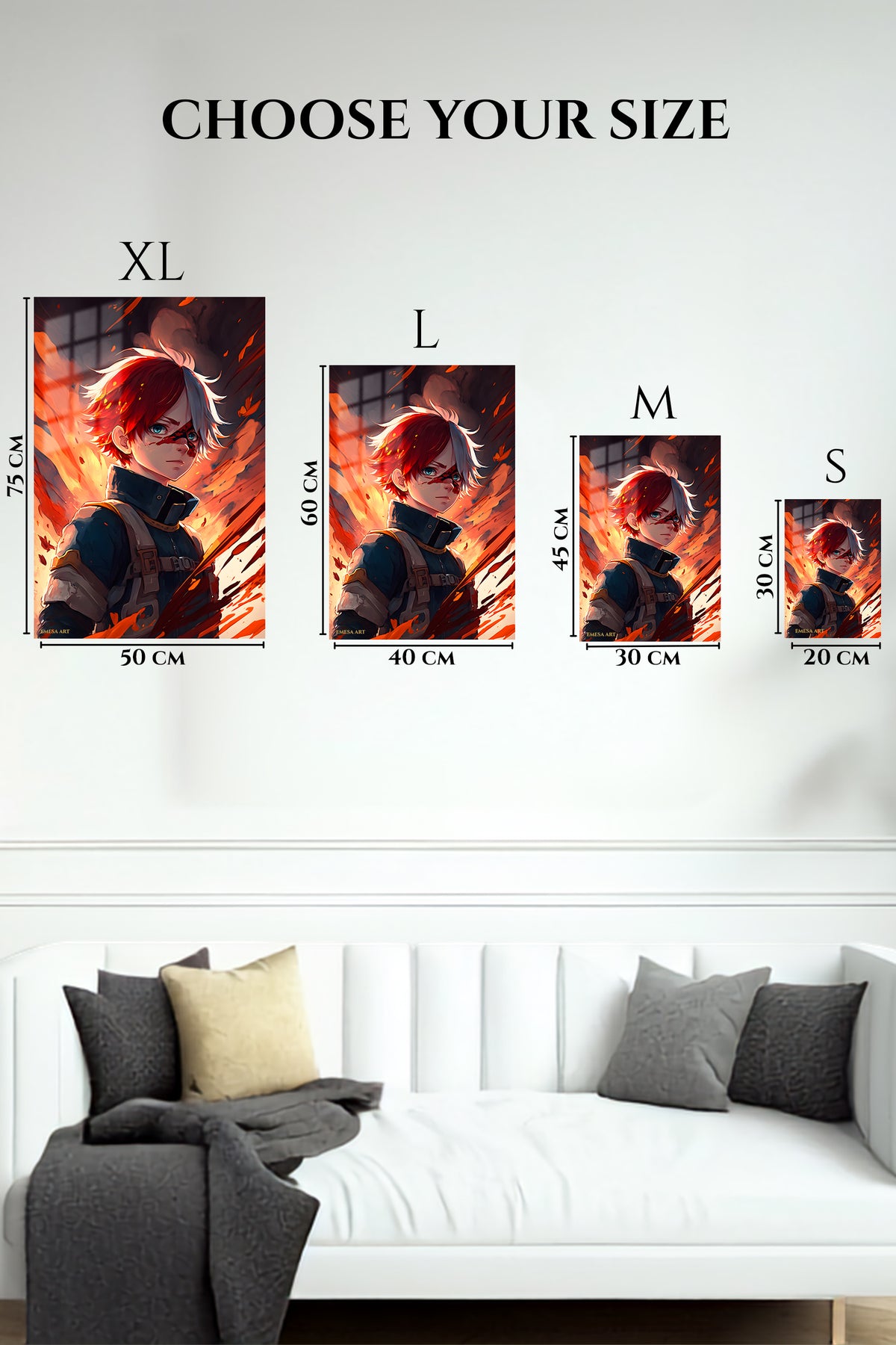 EMESA metal wall art size comparison guide for Flamebound Dual-Haired Warrior