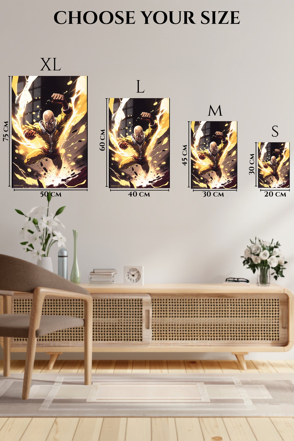 EMESA metal wall art size comparison guide for Golden Impact Hero