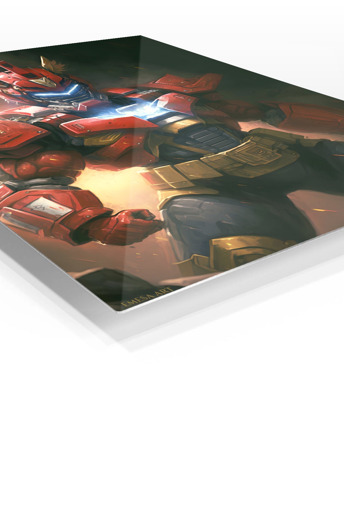 Crimson Winged Mech Warrior premium metal wall art Ã¢â‚¬â€œ angled view