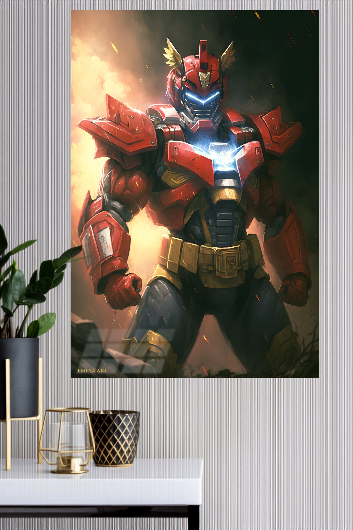 Crimson Winged Mech Warrior metal wall art displayed in a modern interior
