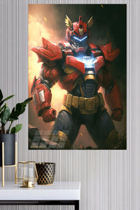 Crimson Winged Mech Warrior metal wall art displayed in a modern interior