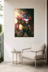 Crimson Winged Mech Warrior metal wall art displayed in a contemporary living space