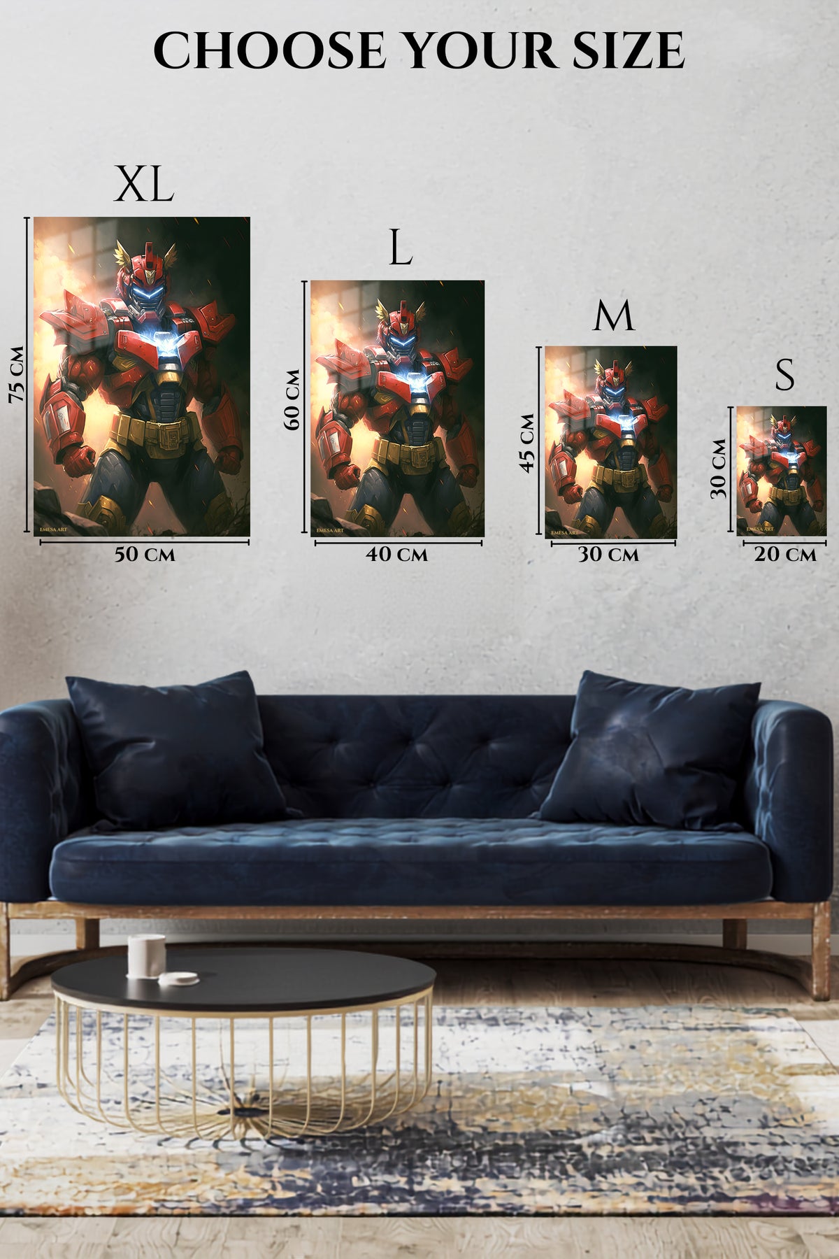 EMESA metal wall art size comparison guide for Crimson Winged Mech Warrior
