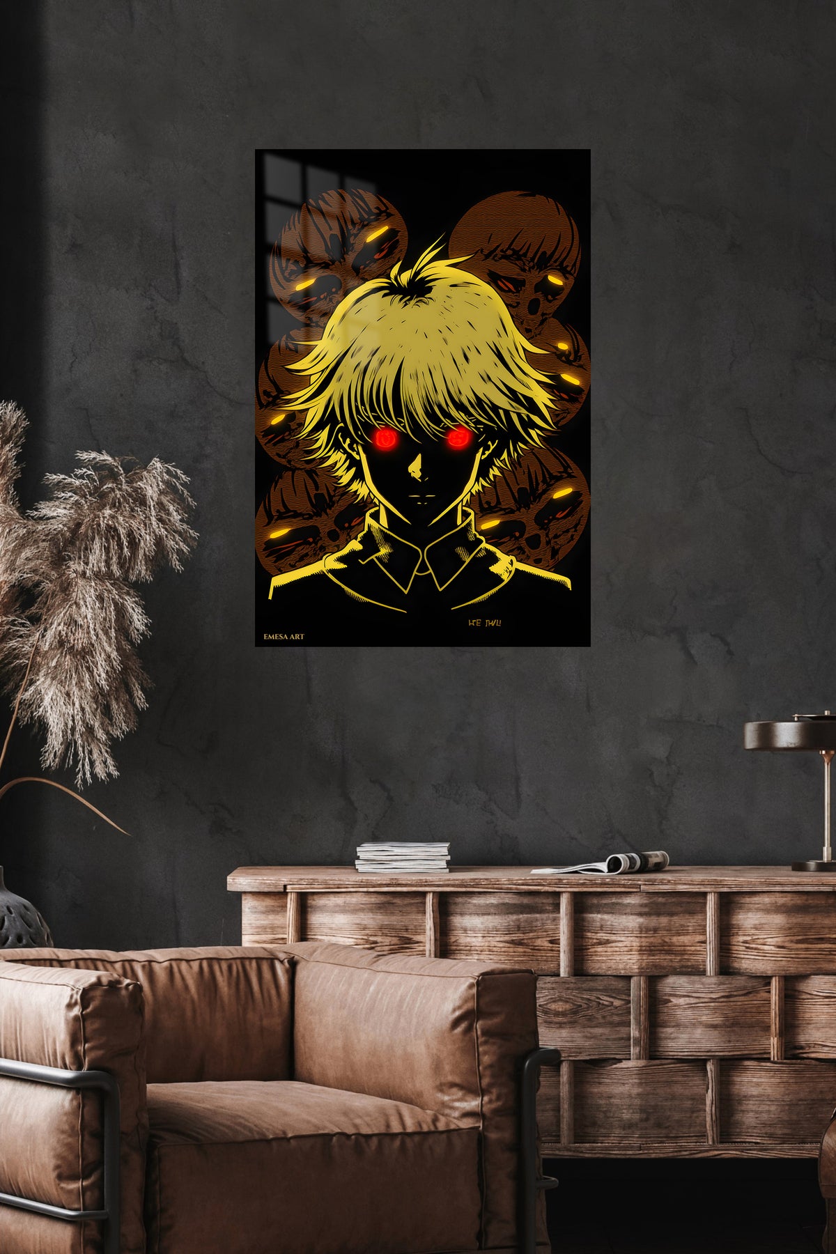 Red-Eyed Shadow Figure metal wall art displayed in a modern interior