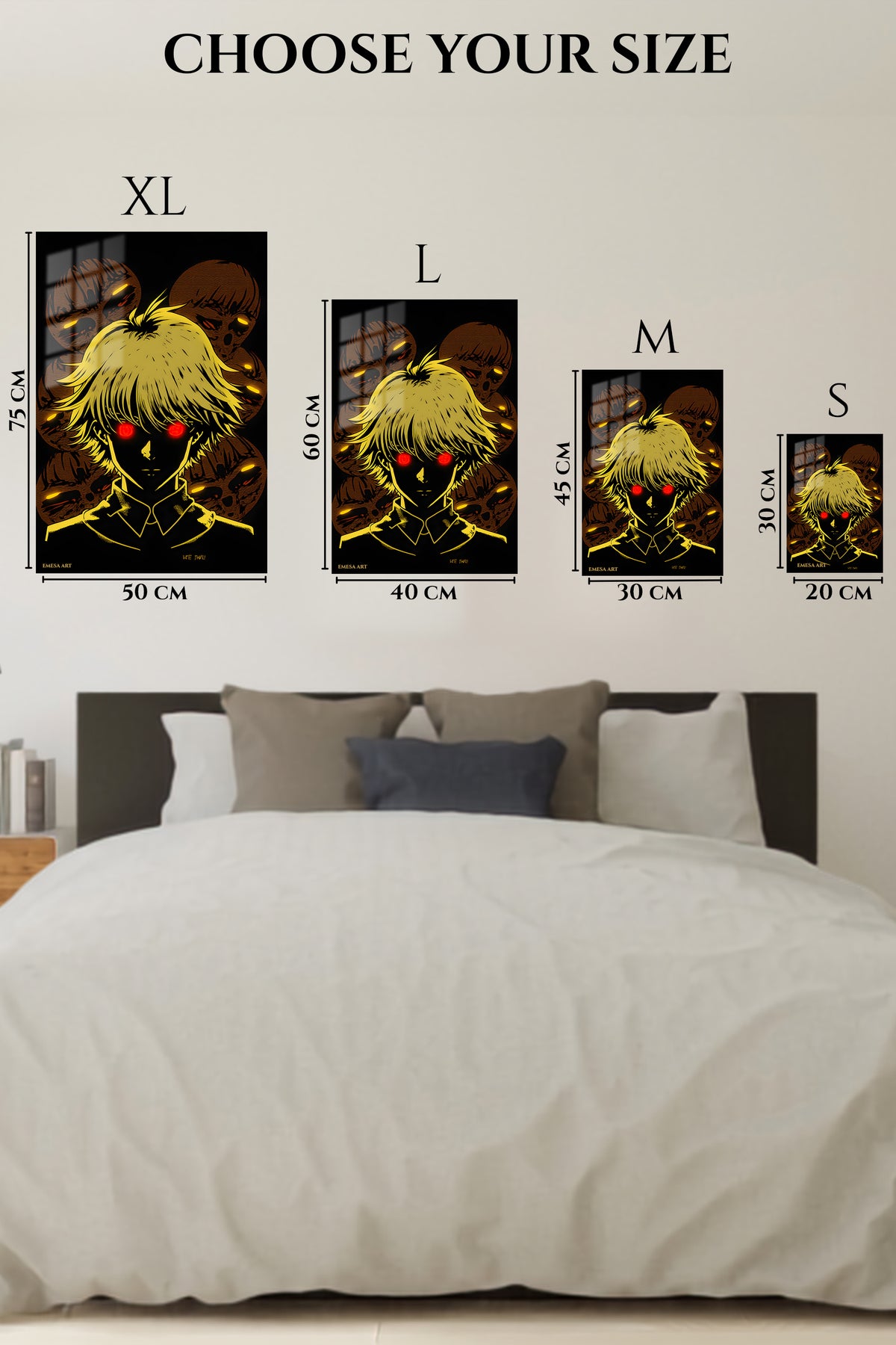 EMESA metal wall art size comparison guide for Red-Eyed Shadow Figure