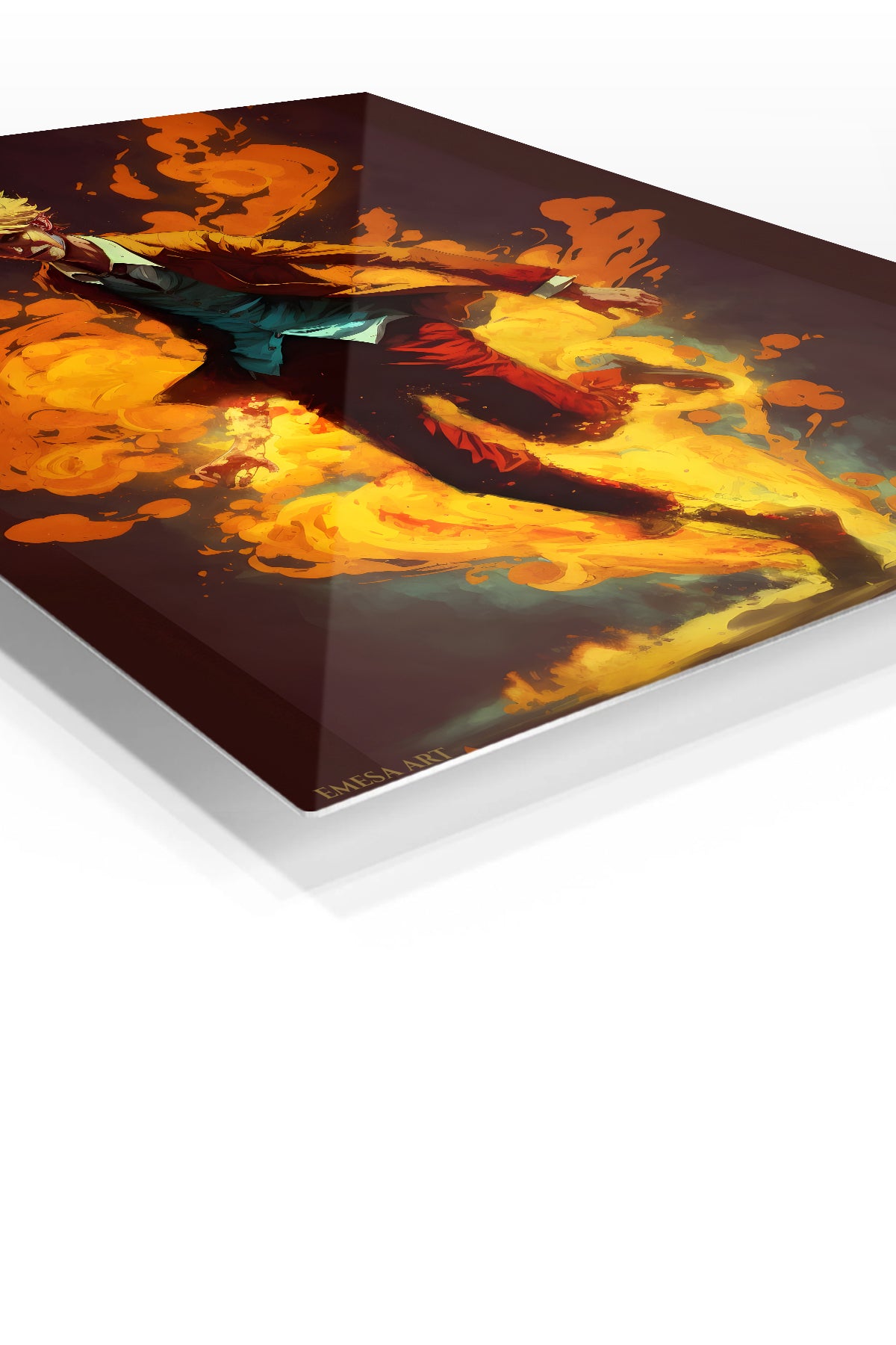 Blond Figure in Golden Flames premium metal wall art Ã¢â‚¬â€œ angled view
