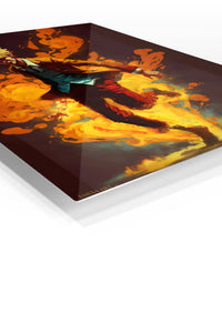 Blond Figure in Golden Flames premium metal wall art Ã¢â‚¬â€œ angled view