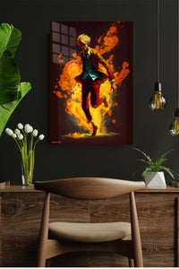 Blond Figure in Golden Flames metal wall art displayed in a modern interior