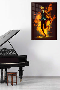 Blond Figure in Golden Flames metal wall art displayed in a contemporary living space
