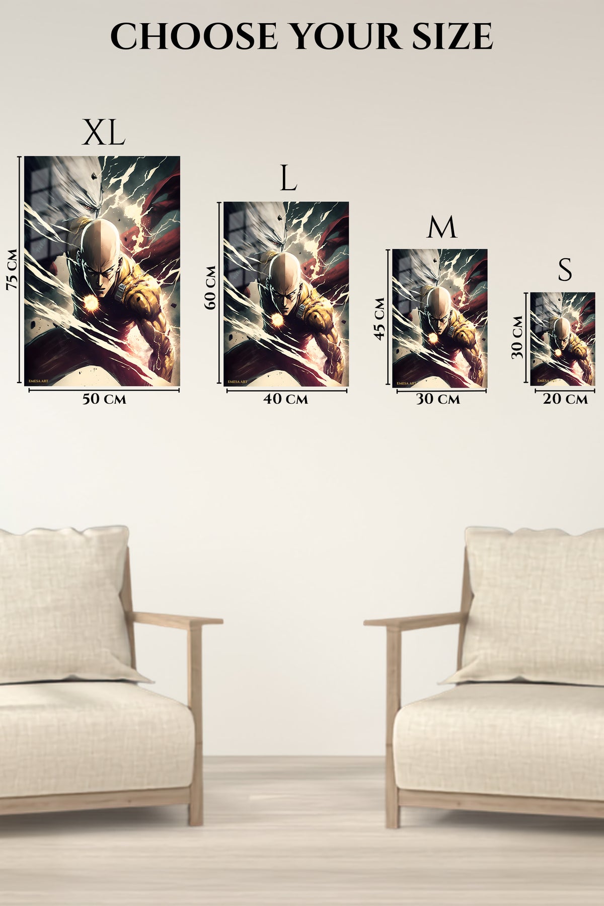 EMESA metal wall art size comparison guide for Thunder Fist Warrior