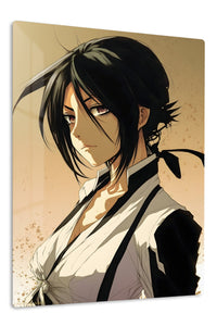 Shadowed Black-Haired Warrior Portrait premium metal wall art Ã¢â‚¬â€œ front view