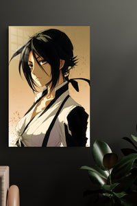 Shadowed Black-Haired Warrior Portrait metal wall art displayed in a modern interior