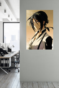 Shadowed Black-Haired Warrior Portrait metal wall art displayed in a contemporary living space
