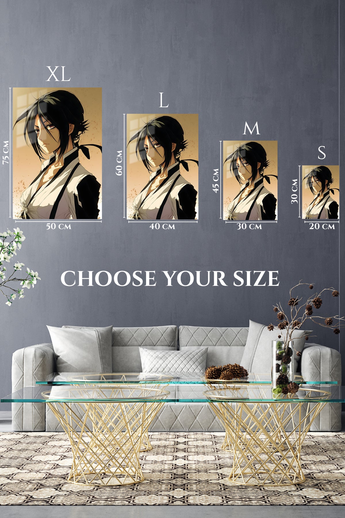 EMESA metal wall art size comparison guide for Shadowed Black-Haired Warrior Portrait