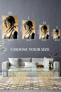 EMESA metal wall art size comparison guide for Shadowed Black-Haired Warrior Portrait