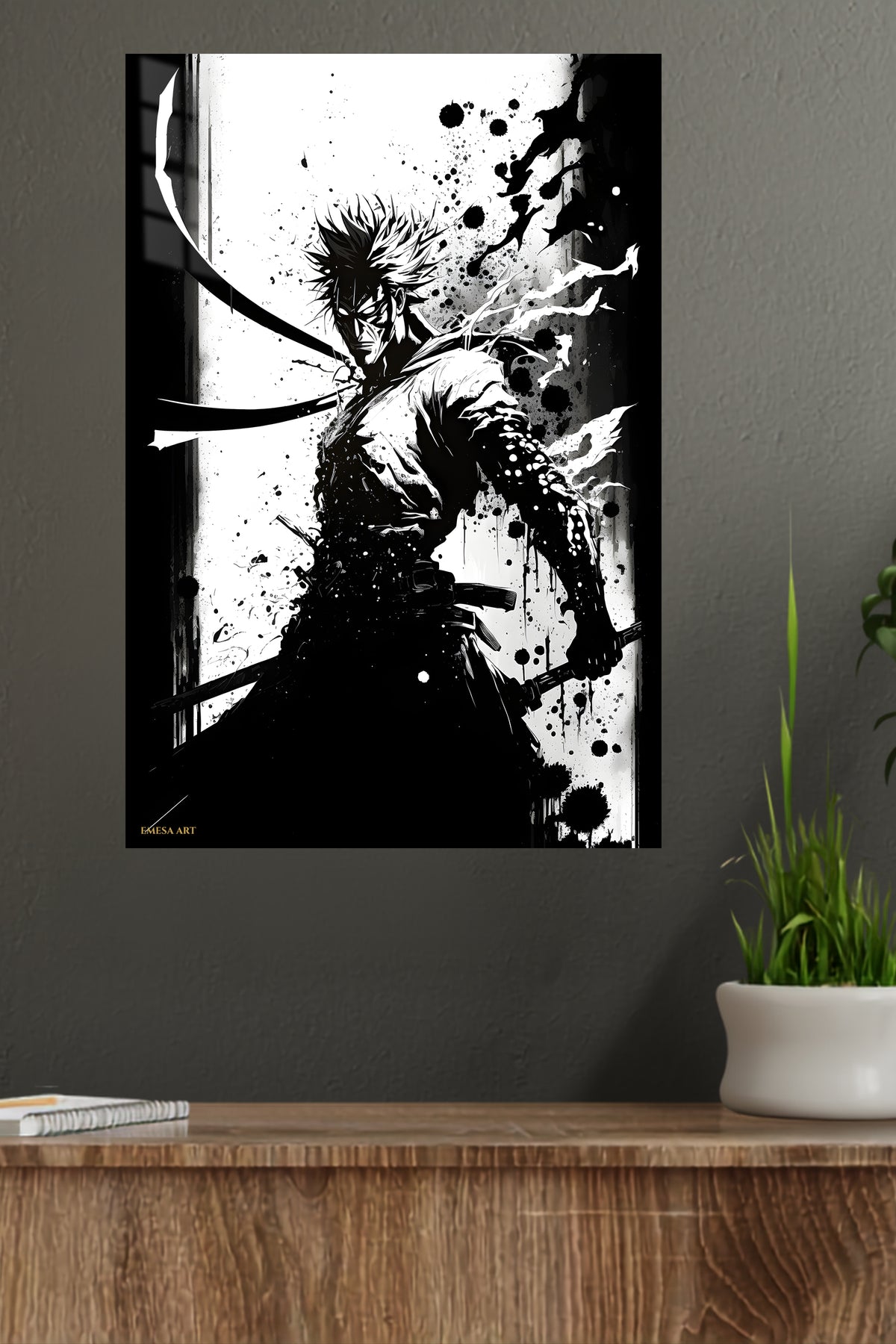 Ink Shadow Swordsman metal wall art displayed in a modern interior