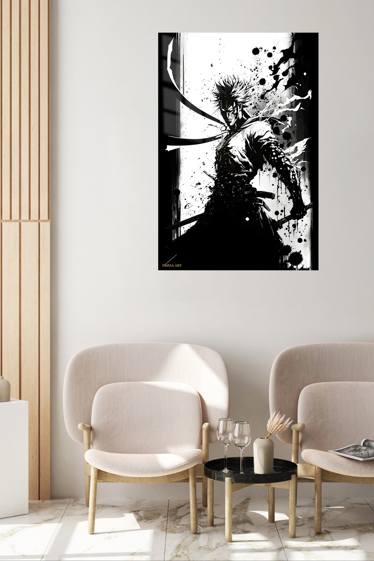 Ink Shadow Swordsman metal wall art displayed in a contemporary living space