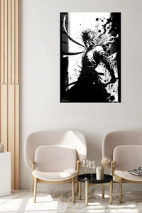 Ink Shadow Swordsman metal wall art displayed in a contemporary living space
