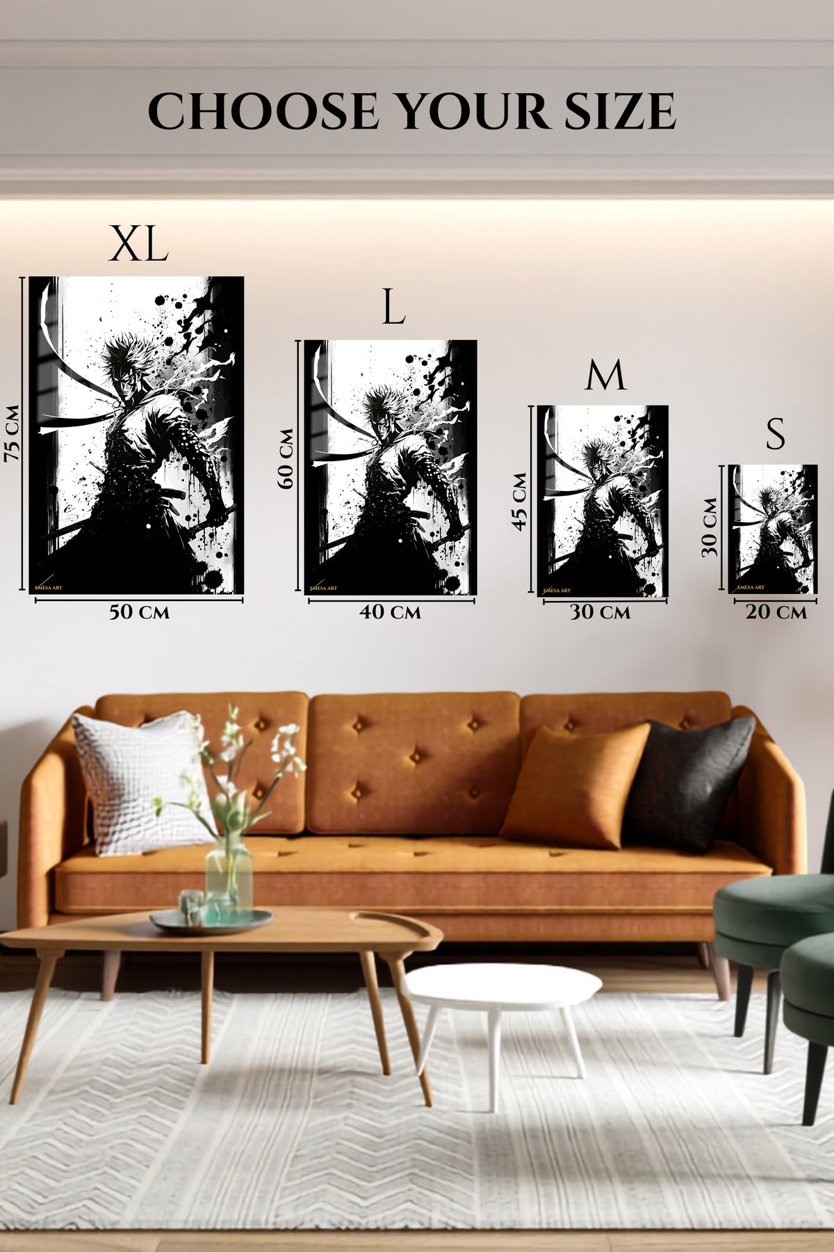EMESA metal wall art size comparison guide for Ink Shadow Swordsman