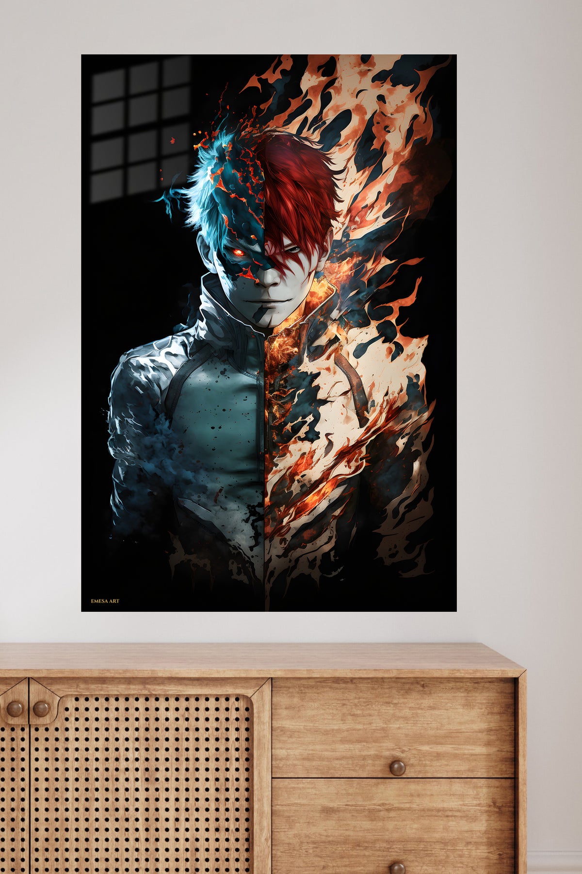 Fire and Ice Ember Warrior metal wall art displayed in a modern interior