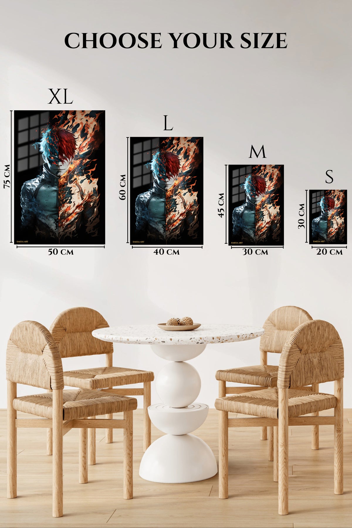 EMESA metal wall art size comparison guide for Fire and Ice Ember Warrior