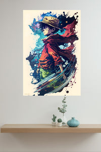 Straw Hat Adventurer in Crimson Cloak metal wall art displayed in a modern interior