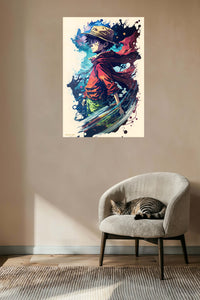 Straw Hat Adventurer in Crimson Cloak metal wall art displayed in a contemporary living space