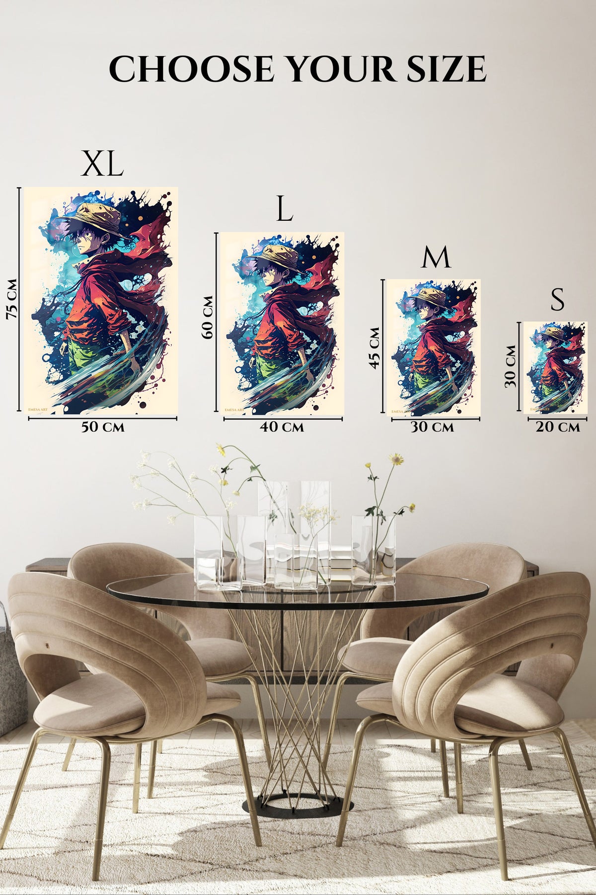 EMESA metal wall art size comparison guide for Straw Hat Adventurer in Crimson Cloak