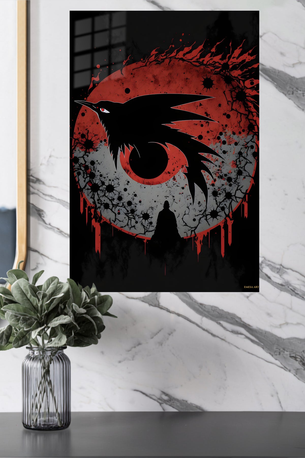 Crimson Moon Raven metal wall art displayed in a modern interior