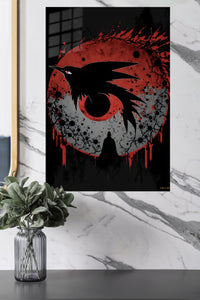 Crimson Moon Raven metal wall art displayed in a modern interior