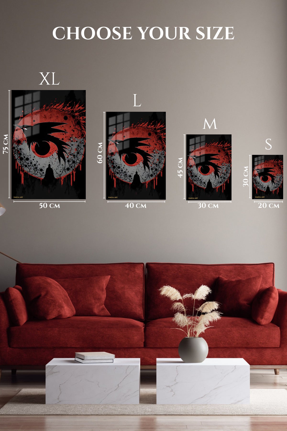EMESA metal wall art size comparison guide for Crimson Moon Raven