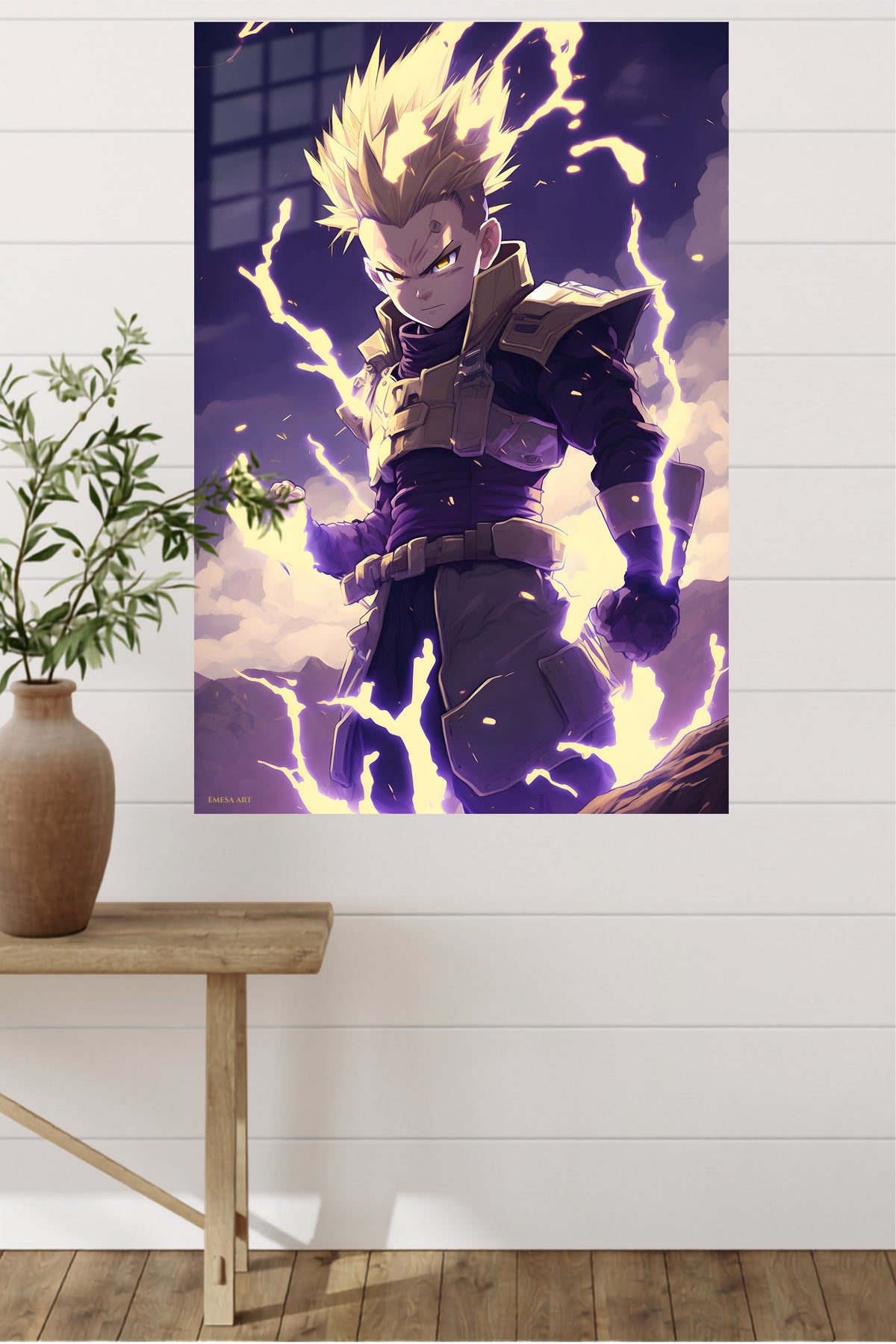 Lightning-Born Fantasy Warrior metal wall art displayed in a modern interior